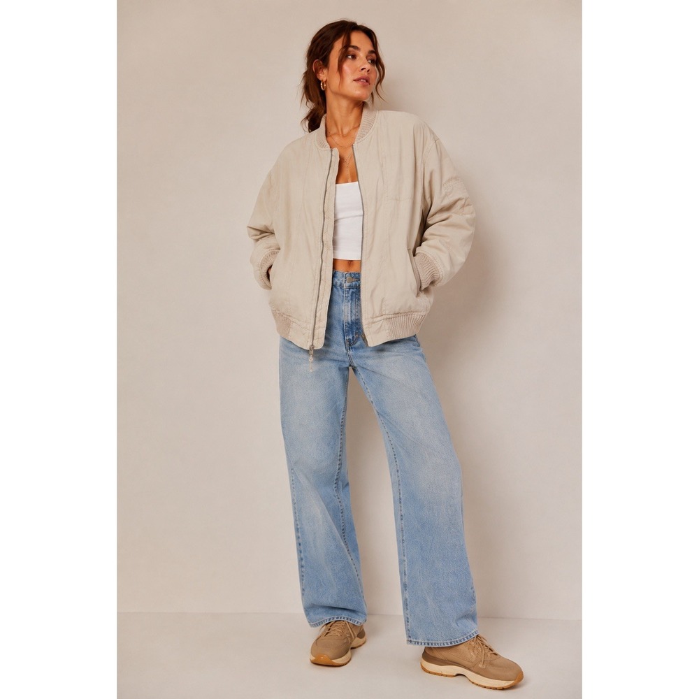New Free People Jax Washed Bomber Jacket Tan Womens Very Oversized Sixe XL
